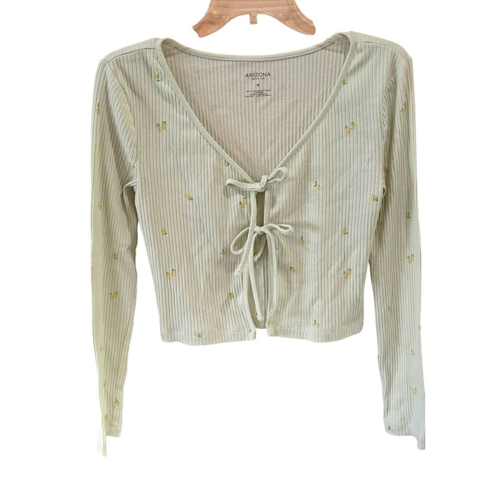 Y2K Arizona Lemon Print Ribbed Long Sleeve Double Tie-Front Cropped Top Shirt M - Picture 1 of 9